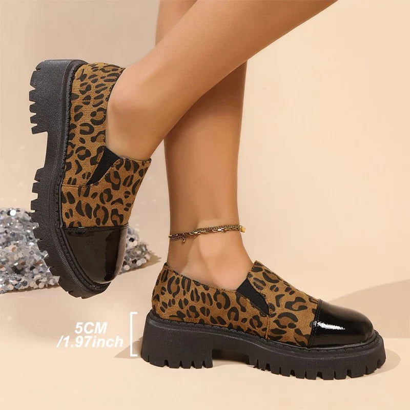 All Match Retro Leopard Loafers Shoes Women Spring Autumn Faux Suede Platform Mid Heel Pumps Woman Round Toe Casual Shoes Mejur