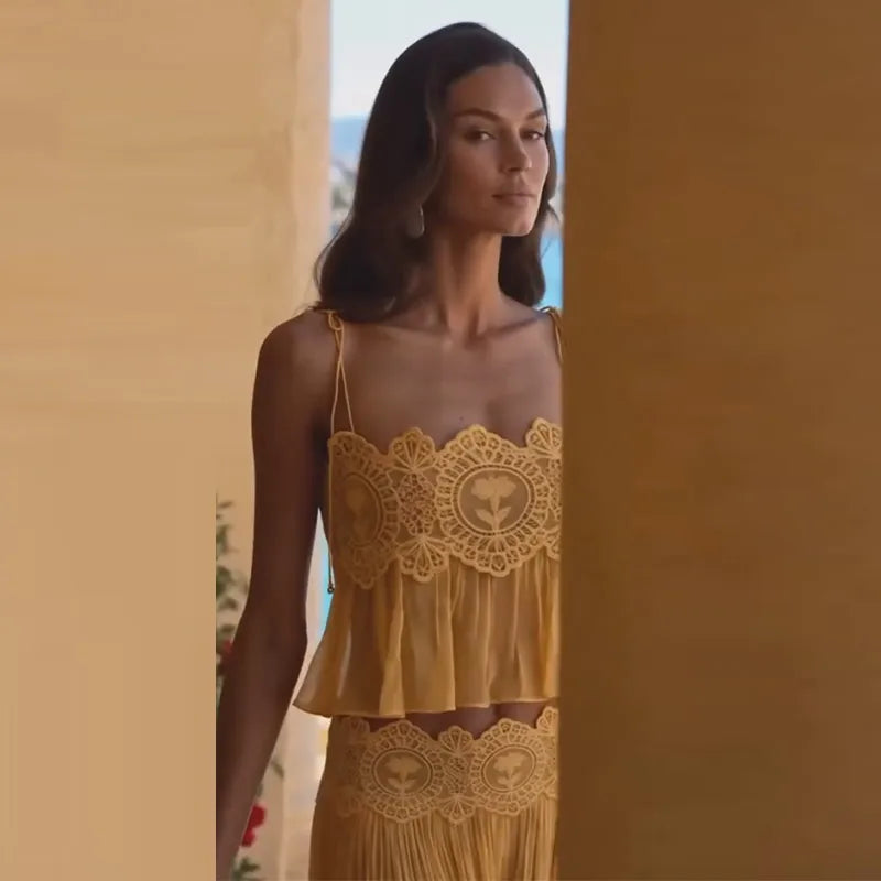 Women Pant Set Sheer Layers Spaghetti Strap Backless Lace Top Straps Solid Loose Straight Elastic Hem Fashion Beach Chic Suits