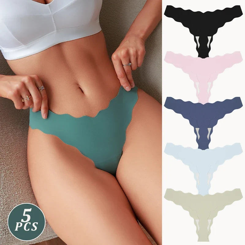 5Pcs Seamless Full-Body Fan-Shaped Wave Decorative Briefs Sexy Thongs Comfortable Breathable Stretch Underwear Women's Lingerie