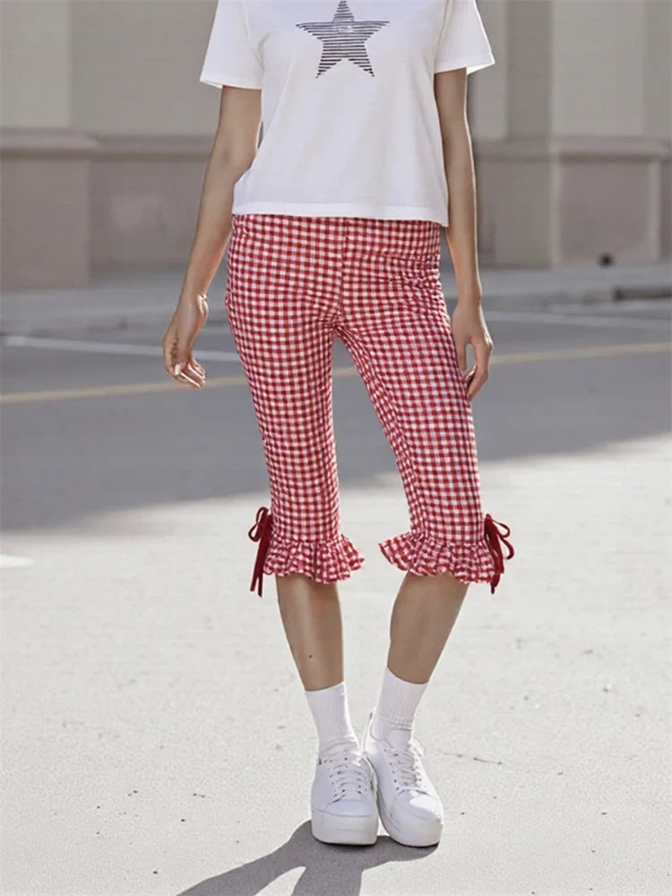 Women Flared Leggings Capri Pants Casual Fashion Plaid Print Cute Bow Crop Bell Bottoms Trendy Bootcut Trousers
