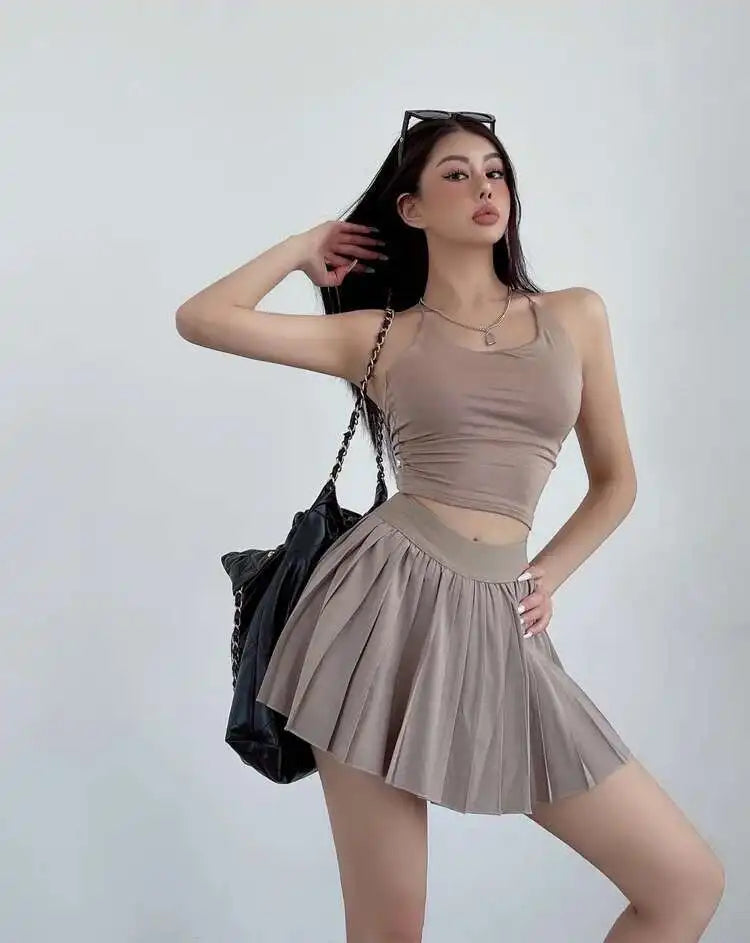 Preppy WOMENGAGA American Style Style High Waisted Slim Pleated Skirt For Women's Summer Ballet Skirt Fashion Women QI9Y
