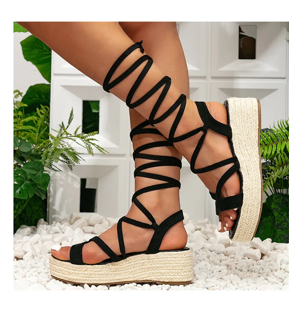 2024 Big Size 43 Women's Comfy Walking Wedge Espadrilles Sandals Summer Leisure Round Toe Platform Ankle Strap Shoes