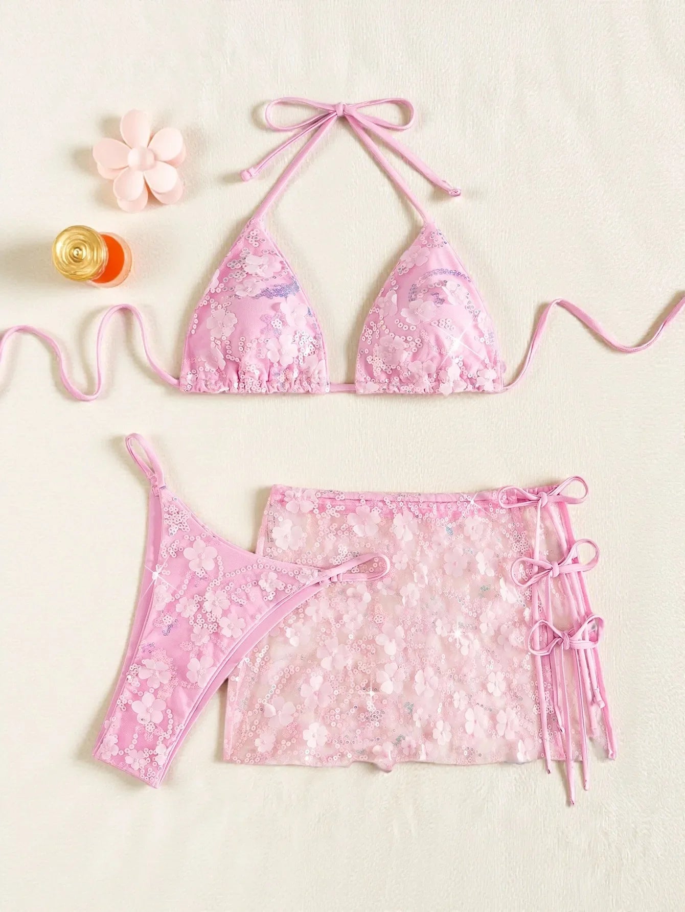 2026 New Sexy 3 Pieces Suit Swimwear for Women Floral Print Swimsuit Sequins Decor Micro Bikini Mesh Skirt Cover-up Beachwear