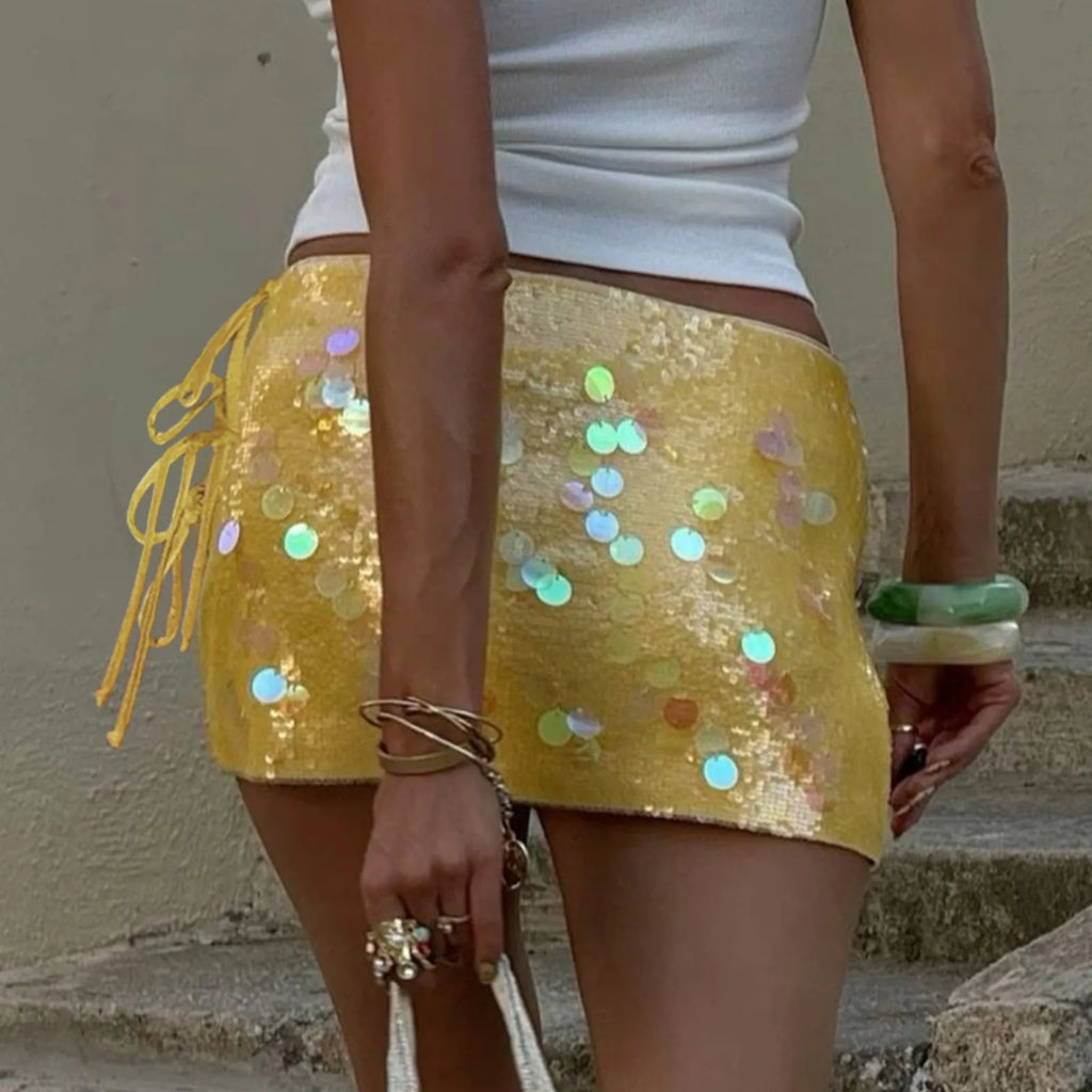 Sequin Mini Skirts for Women Summer Shiny Bandage Short Skirts Side Split Tie Up Skirt Y2K Party Clubwear Streetwear