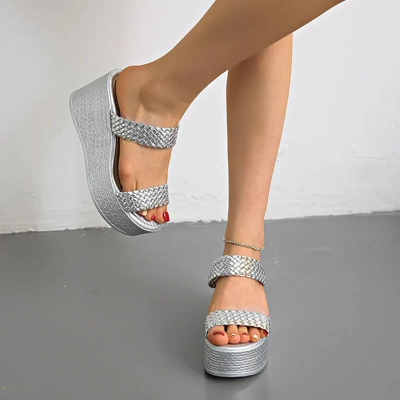 Silver Chunky Platform Slippers for Women 2026 Summer Thick Bottom Wedges Sandals Woman Plus Size 45 Woven Beach Sandles Female