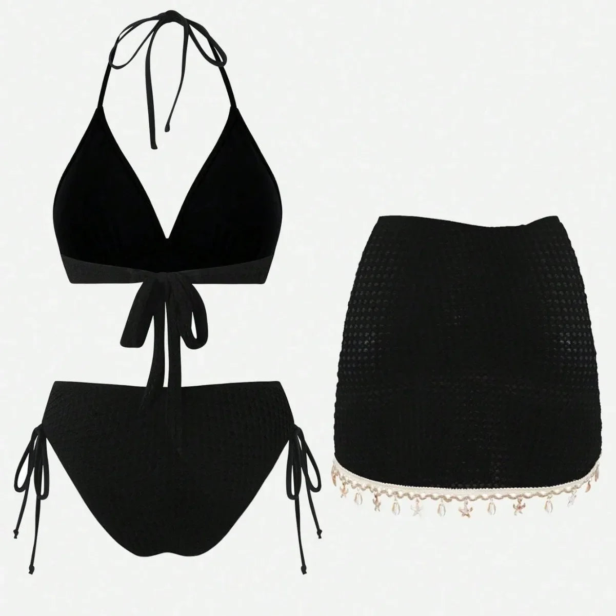 Vintage Black Starfish Shell Ornament Bikini Set 2026 Women Tassel Skirt 3 Piece Swimsuit Summer Bathing Suit Holiday Swimwear