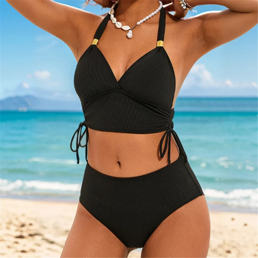 S - XXL 2026 Ribbed Halter Mid Waist Bikini Female Swimsuit Women Swimwear Two-Pieces Bikini Set Bather Bathing Suit Swim V6447
