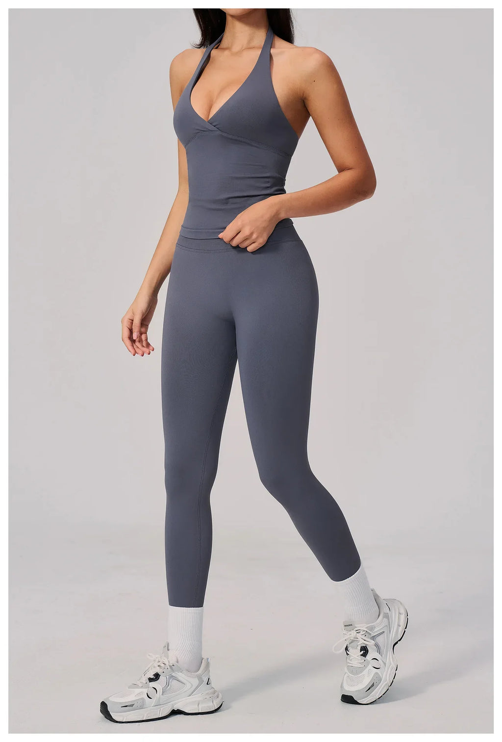 Summer Seamless Yoga Sets Women V Neck Slim Sports Tank Top Fitness Suit Peach Hip High Elasticity Leggings Running Tracksuit