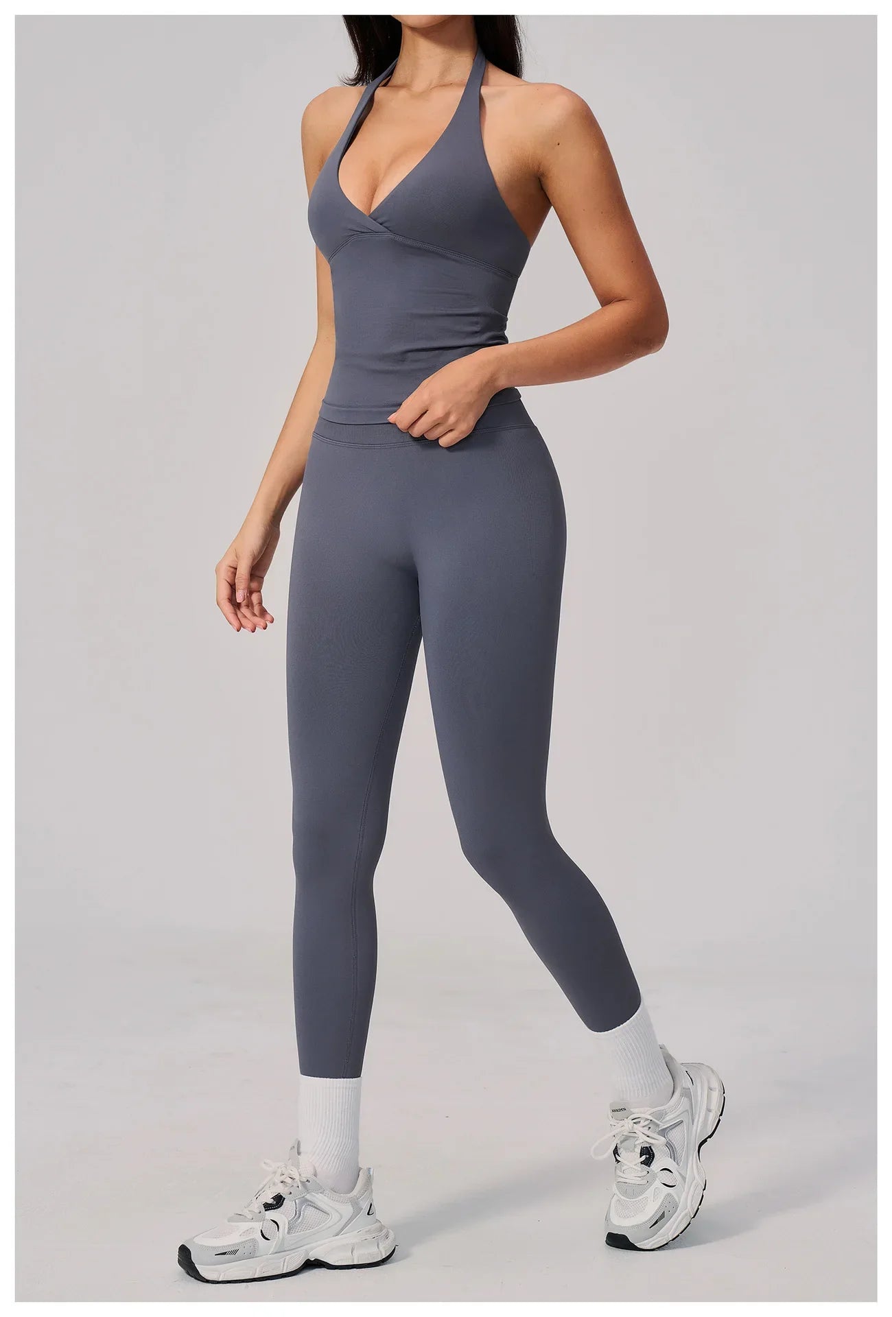 Summer Seamless Yoga Sets Women V Neck Slim Sports Tank Top Fitness Suit Peach Hip High Elasticity Leggings Running Tracksuit