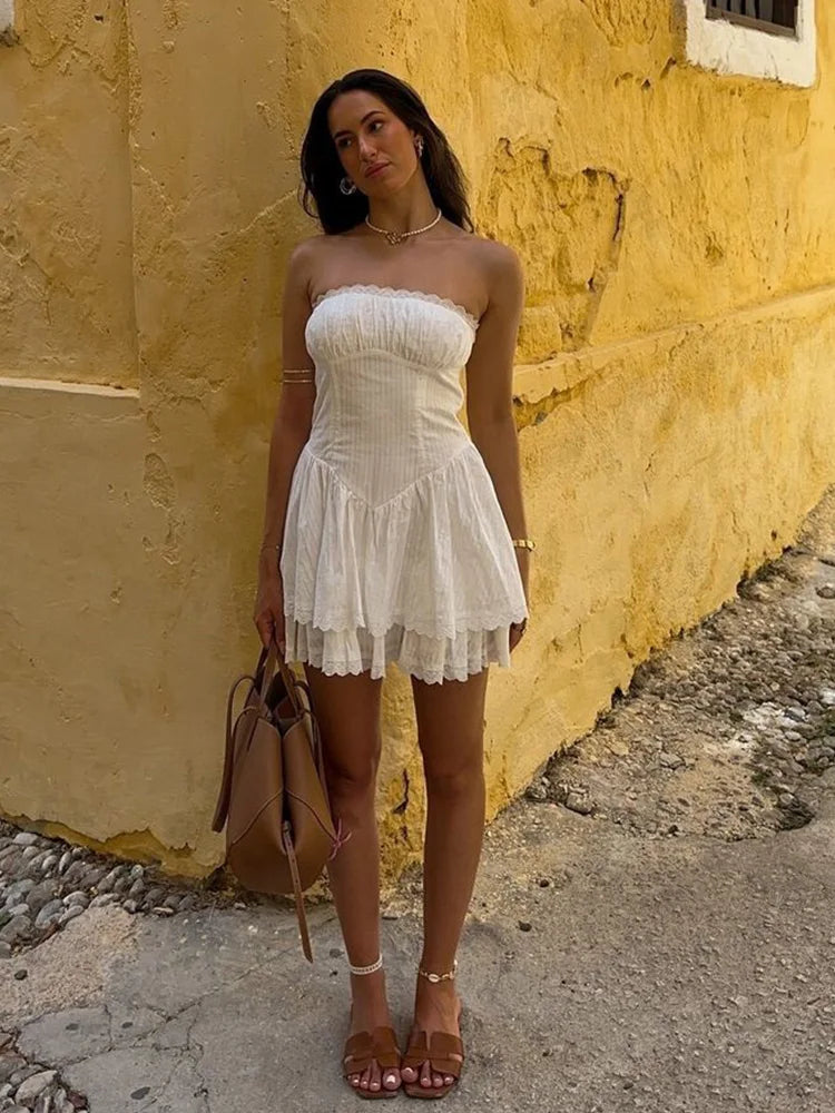 White Lace Dress Women Strapless Sleeveless Short Summer Dress Corset Cotton Mini Beach Casual Vestidos Party Dress 2025