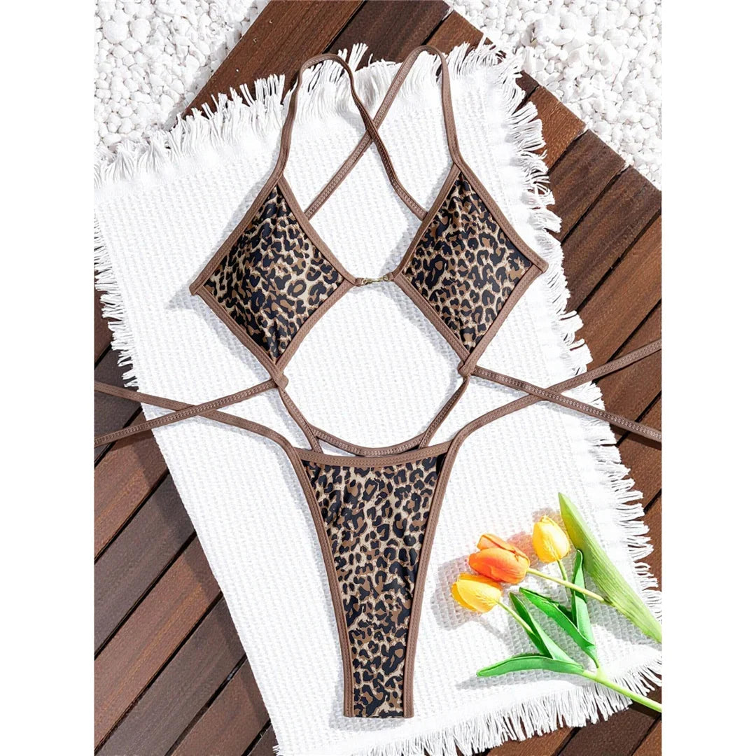 S - XL Leopard Extreme String Mini Micro Thong One Piece Swimsuit Women Swimwear Female Padded Bather Bathing Suit Swim K7067