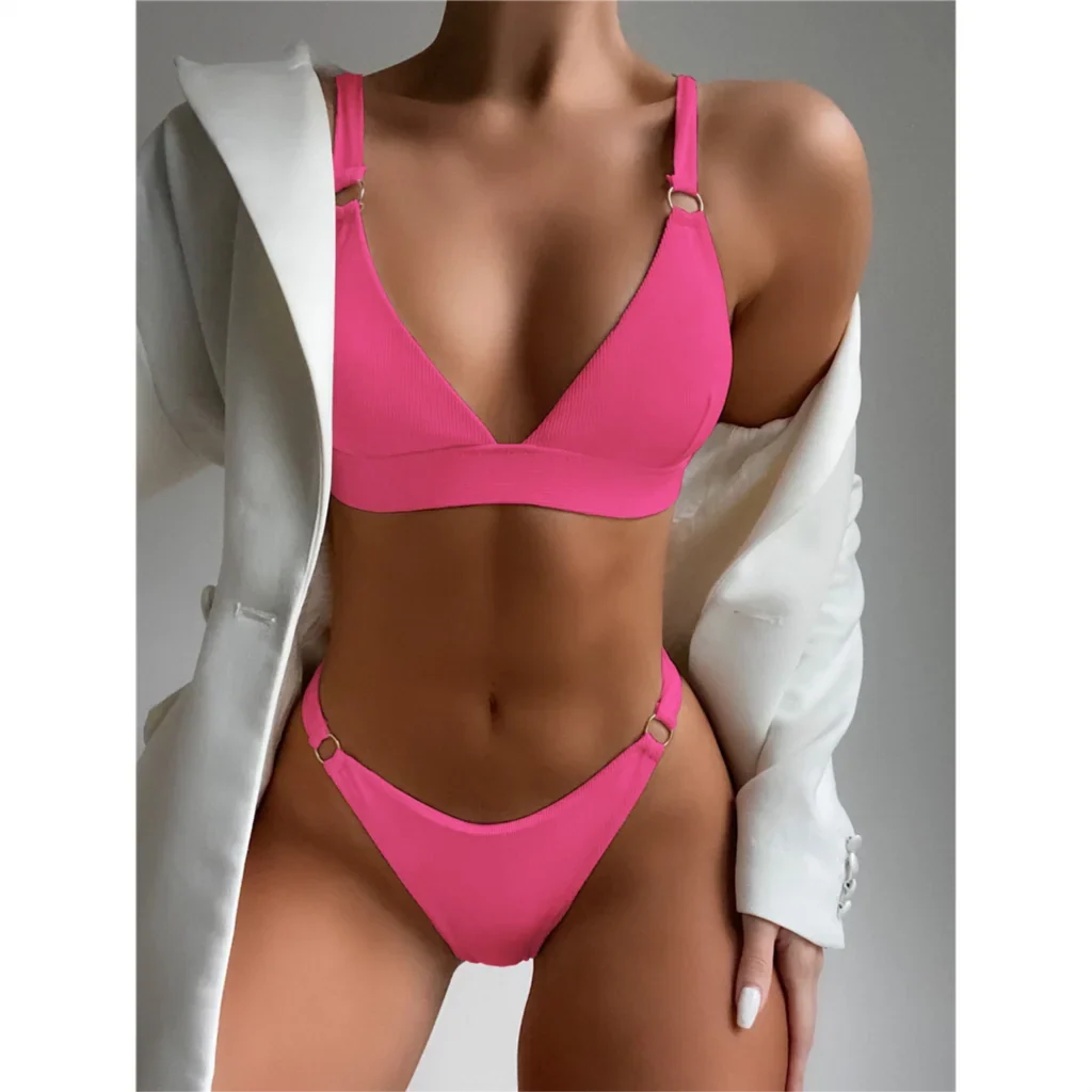 Sexy High Leg Cut Ribbed Bikini Women Swimwear Female Swimsuit Two-Pieces Bikini Set Padded Bather Bathing Suit Swim Lady V3255