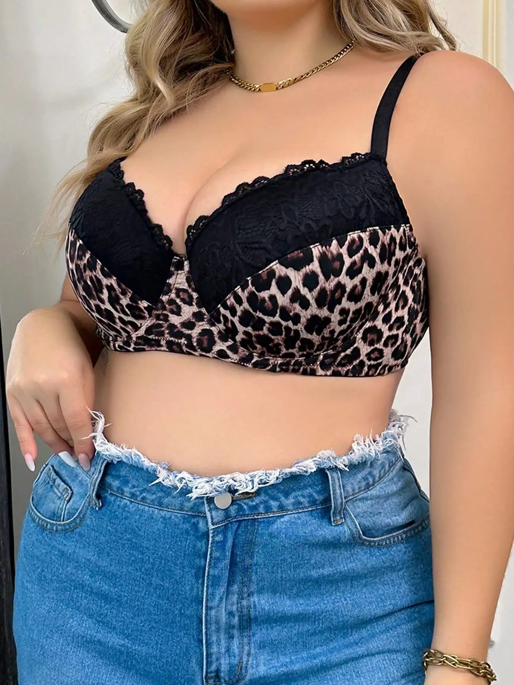 Leopard Print Sexy Lace Stitching Underwear For Ladies D Cup Plus Size Women's Clothing Suitable For Buxom Women Bra B2414