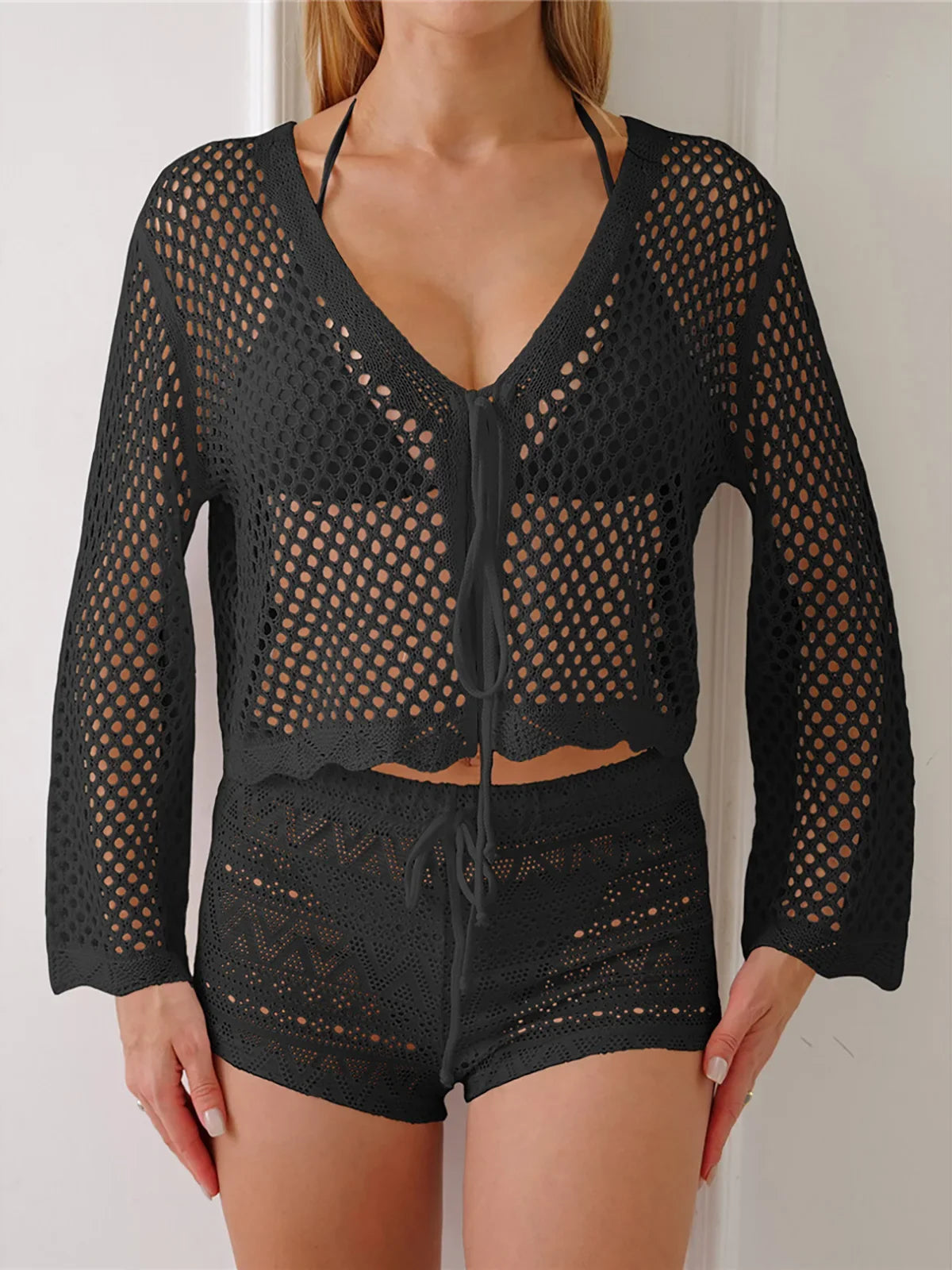 V Neck Long Sleeve Hollow Out Crochet Knitted Tunic Beach Dress Beach Wear Beachwear Beach Cover Up Cover-upsFemale Women V7192