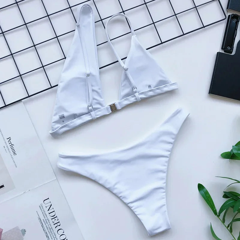 2026 Asymmetric One Shoulder Bikini Women Swimsuit Female Swimwear Two Pieces Bikini Set Hollow Out Bathing Suit Swim Beachwear