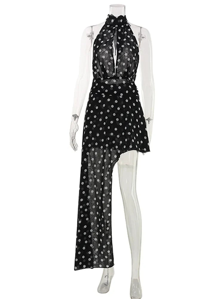 Ahagaga Fashion Maxi Dresses Women Sexy Halter Neck Hollow Out High Split Polka Dot Print Elegant Party Vacation Beach Vestidos