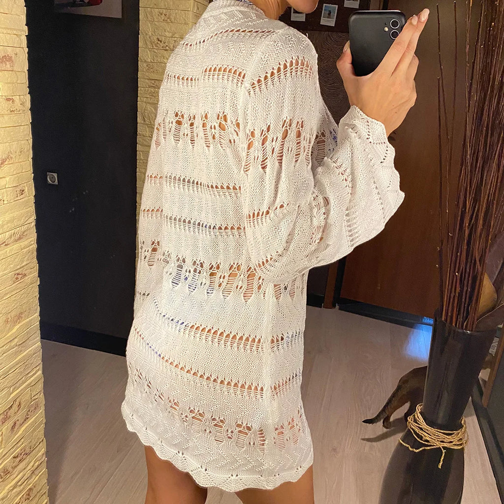S - XL Long Sleeve Hollow Out Crochet Knitted Tunic Beach Cover Up Cover-ups Beach Dress Beach Wear Beachwear Female Women K5542