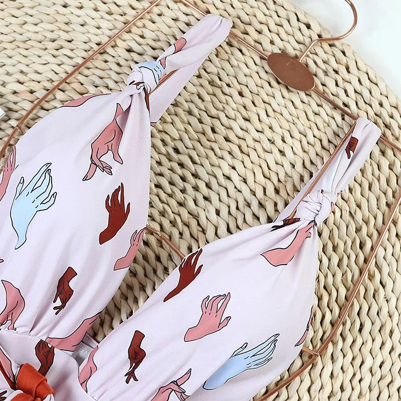 2026 New Sexy One Piece Swimsuit Swimwear Women Deep V-neck Backless Hands Print Large Bowknot High Waist Beachwear Bathing Suit