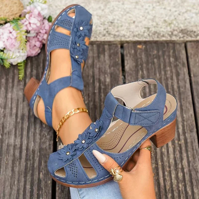 Plus Size 43 Thick Heel Rome Sandals Women Closed Toe Ankle Strap Summer Sandles Woman Flowers Platform High Heeled Sandals