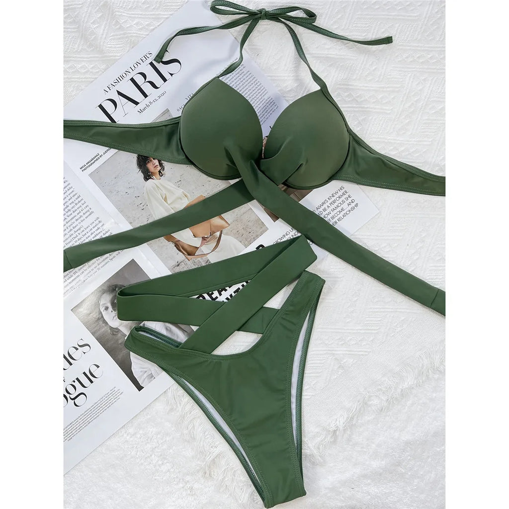 Sexy Wrap Around High Waist Bikini Female Swimsuit Women Swimwear Two-pieces Bikini Set Bandage Bather Bathing Suit Swim V3115