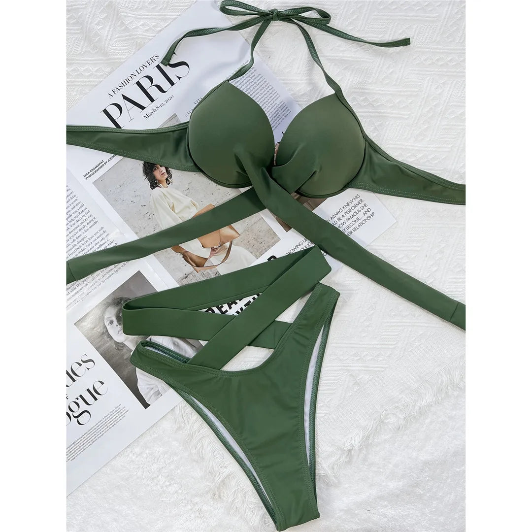 Sexy Wrap Around High Waist Bikini Female Swimsuit Women Swimwear Two-pieces Bikini Set Bandage Bather Bathing Suit Swim V3115