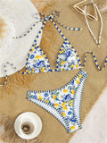 Sexy Blue Fruit Print Bikini Set 2026 Women Halter Push Up Bra High Waist Swimsuit Beach Bathing Suit Holiday Swimwear Biquini