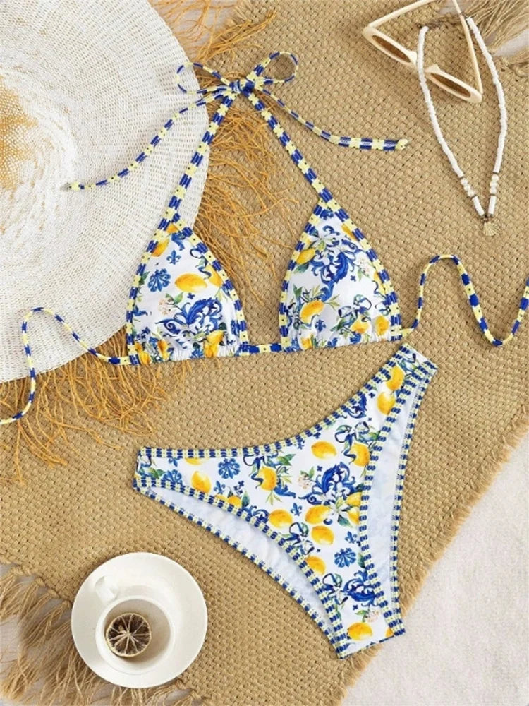 Sexy Blue Fruit Print Bikini Set 2026 Women Halter Push Up Bra High Waist Swimsuit Beach Bathing Suit Holiday Swimwear Biquini