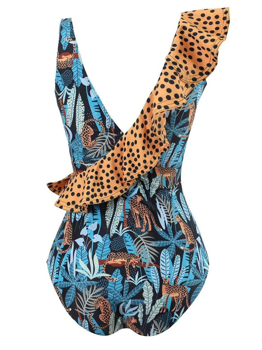 2026 Leopard Printed One Piece Swimsuit Ruffle Swimwear Women Padded Bathing Swimming Suit Female Summer Bodysuit