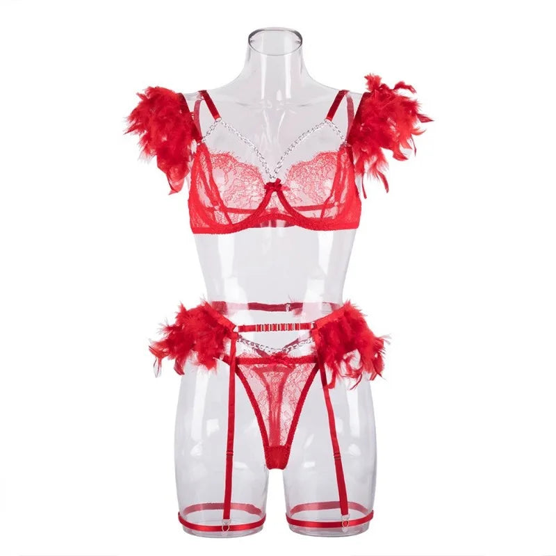 Toucheart 4 Piece Set Fun Lingerie For Women Feather Lace Splicing Chain Sexy Slim Mesh See-Through Sexy Lingerie Garters Suit