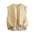 Foridol Padded Beige Waistcoat Folds Winter Sleeveless Vest Coat Turtleneck Pockets Zipper Autumn Thick Warm Parka Jacket
