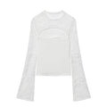 Women's Fashion Casual Lace Patchwork Hollow Bell Sleeve Blouse Women Pack Lace Sleeve Tops Black White Sheer Mesh Casual DOS5