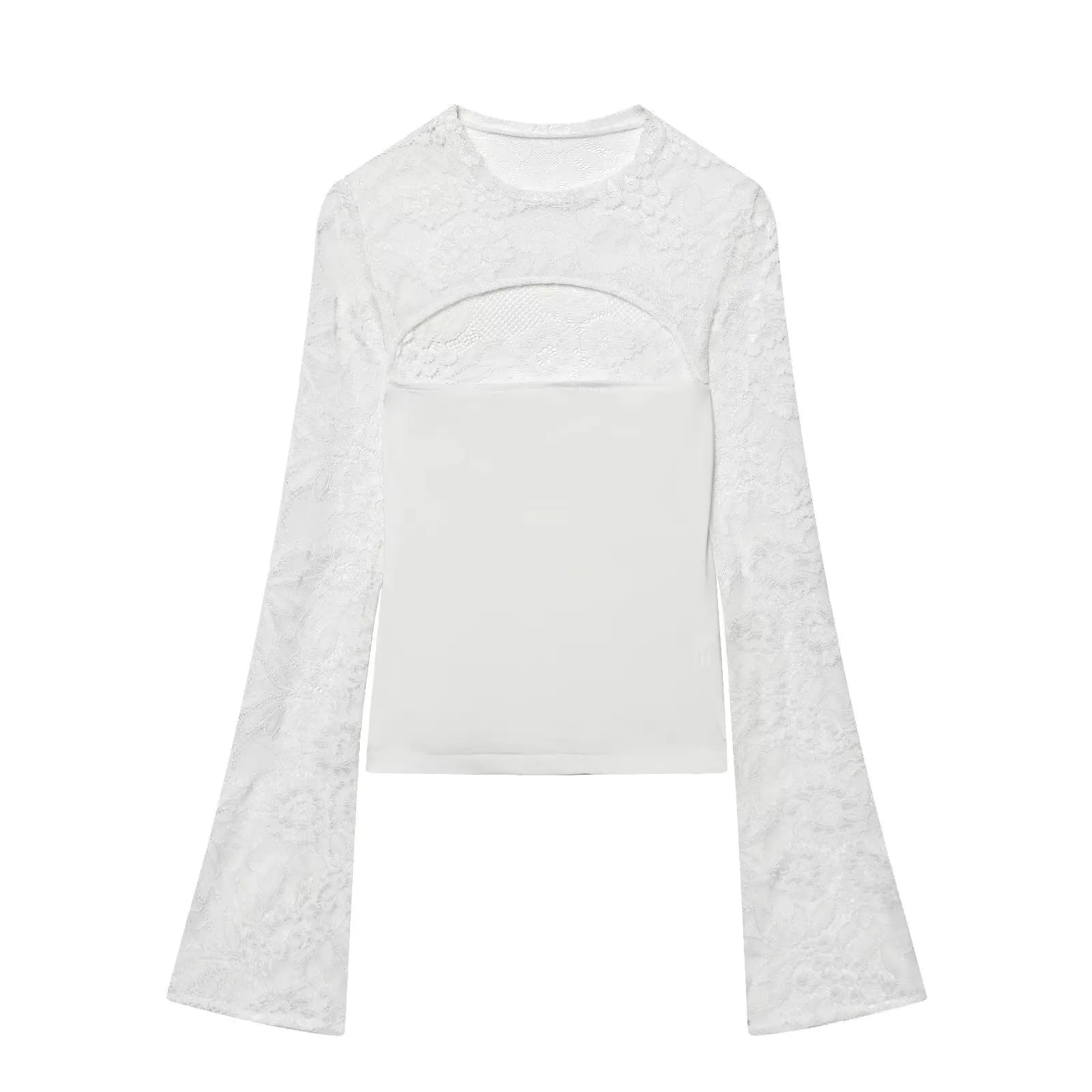 Women's Fashion Casual Lace Patchwork Hollow Bell Sleeve Blouse Women Pack Lace Sleeve Tops Black White Sheer Mesh Casual DOS5