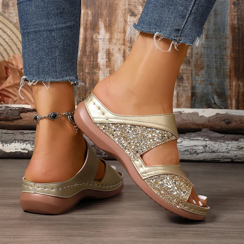 Golden Glitter Platform Sandals for Women Summer Lightweight Wedge Heel Sandles Woman Plus Size 43 Thick Sole Sandalias Mujer