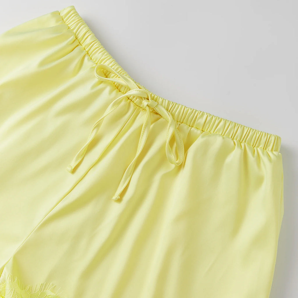 Summer Women's Casual Solid Satin Shorts Loose Fit Stylish Lace Trim Mid Rise Drawstring Shorts Lace Trim Lounge Bottoms