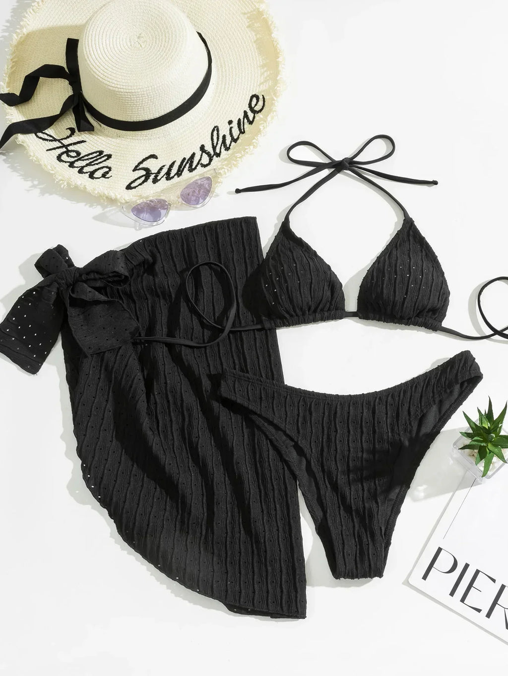 3pcs Sarong Beach Cover Up Skirt Wrinkled Bikini Women Swimwear Female Swimsuit Three-pieces Bikini Set Bathing Suit Swim Lady