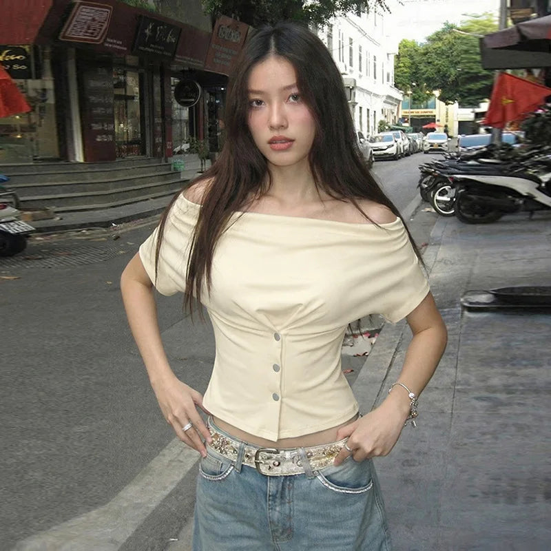 FDYOUI Fashion Casual Swinging Collar T-shirts Y2K Woman Clothes Short Sleeve Buttons Corset T Shirt Ladies Solid Crop Tops Tees
