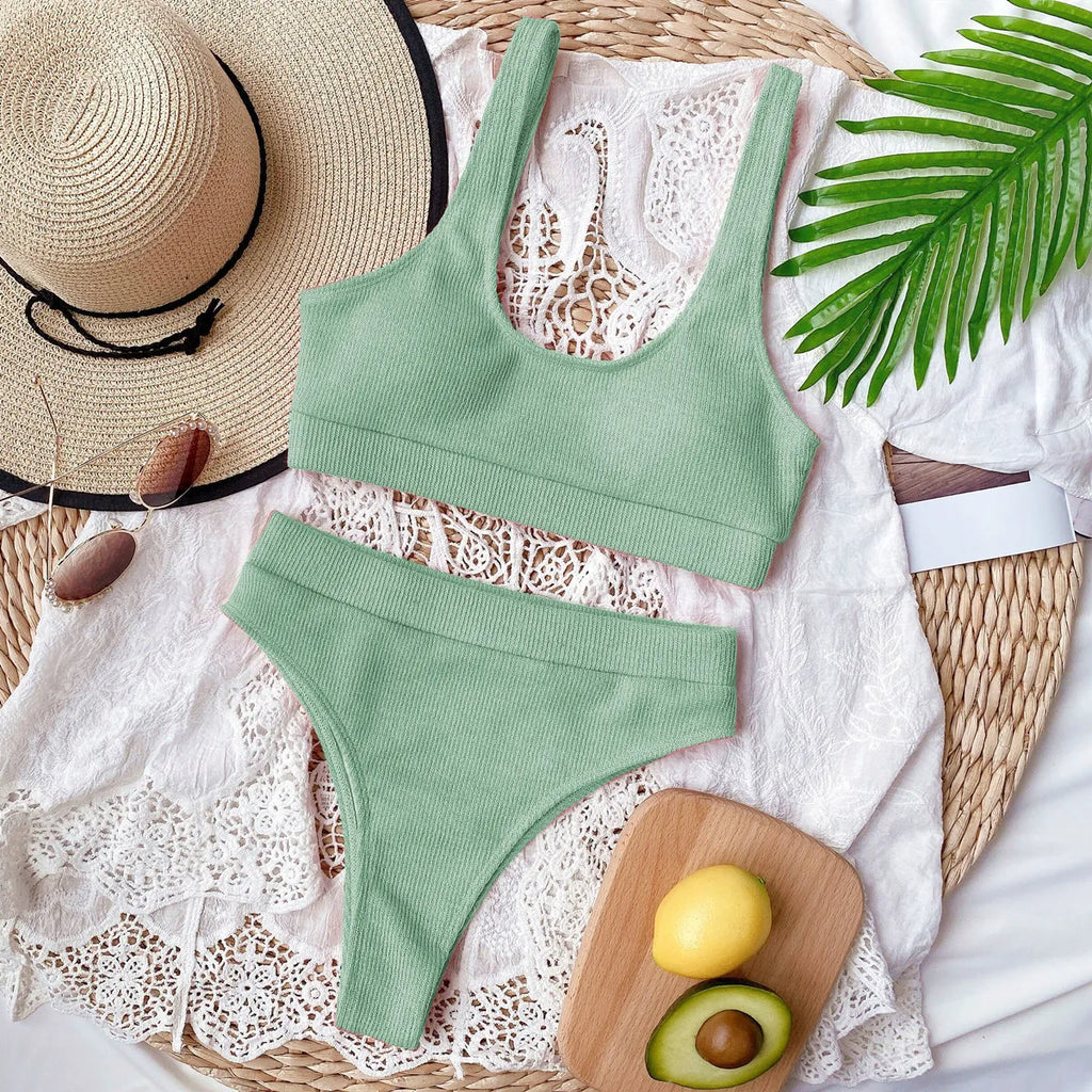 5 Colors Sexy Bikini Women Solid Knitted High Waist Swimwear Swimsuit Female Bikinis Set Bathing Suit Sport Bikini Taille Haute