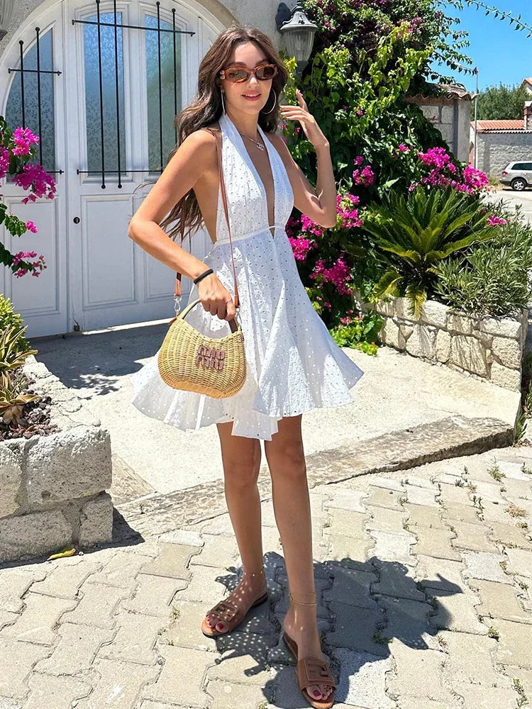 Foridol White Beach Summer Dress Women Backless Cotton Lace Short Autumn Sundress Women Clothing Halter A-line Pleated Dress