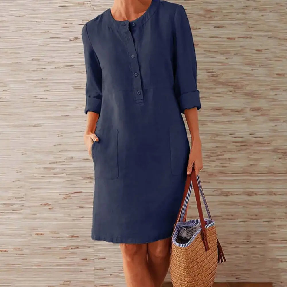 Summer Boho Vintage Dress Women Casual Long Sleeve Buttons Pockets Cotton Linen Loose Knee-length Dress