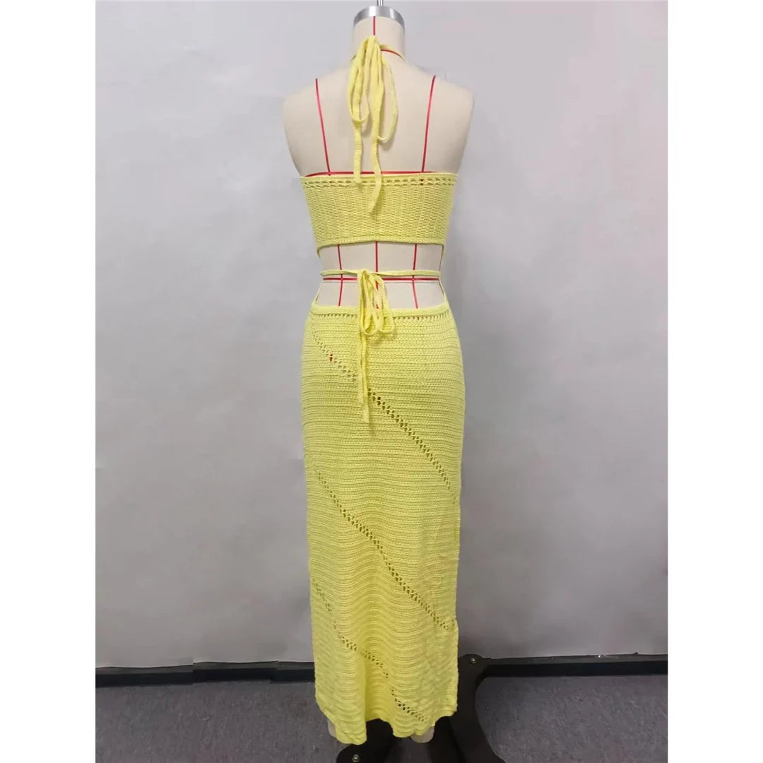 New Sexy Halter Tummy Cut Out Crochet Knitted Tunic Beach Cover Up Cover-ups Beach Dress Beach Wear Beachwear Female Women V5454