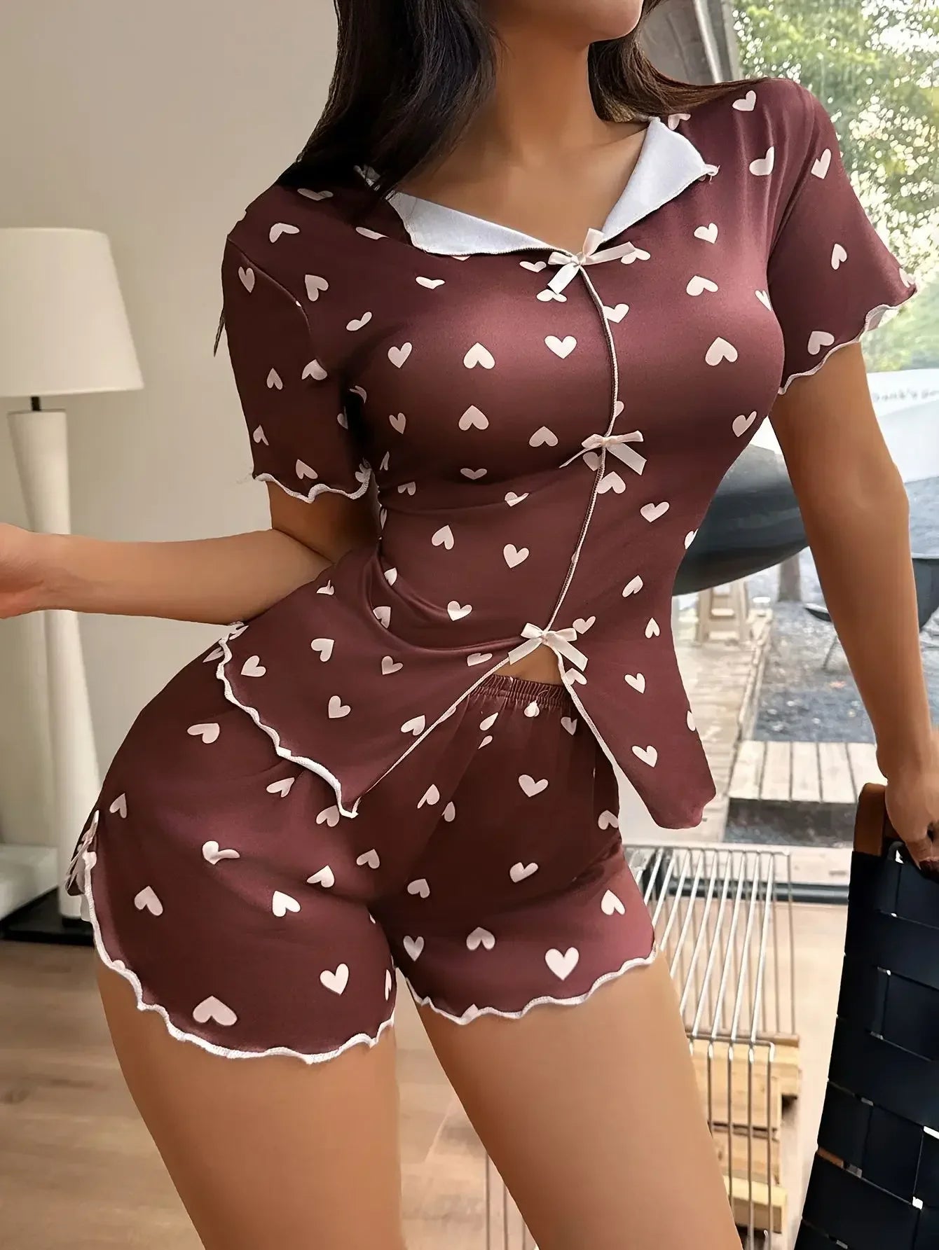 Women 2 Pieces Pajamas Set Heart Printed Short Sleeve T-shirts and Shorts Sets Casual Home Wear Loungewear Summer Sleepwear