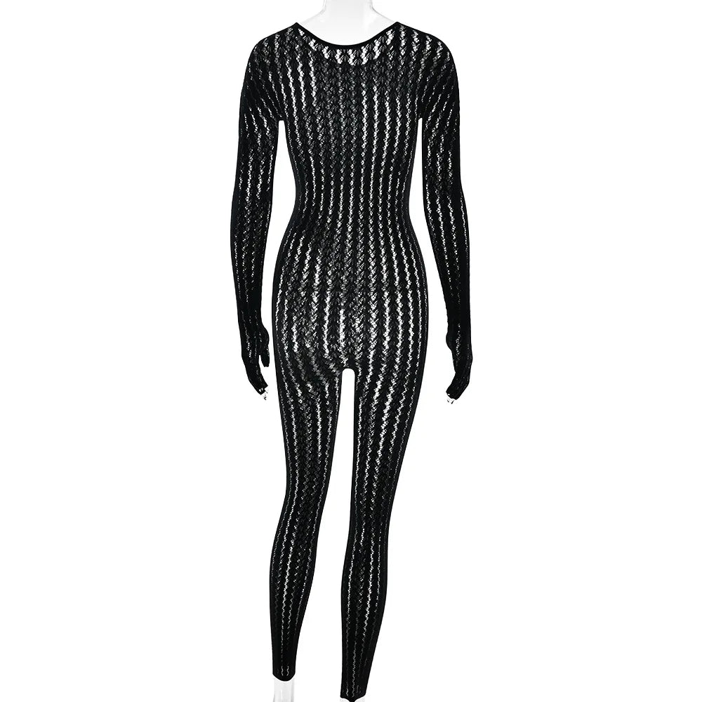FDYOUI Sexy See-through Bodysuit Women's Long Sleeve Night Club Overalls Black Streetwear Lady Chic One Piece Party Jumpsuits