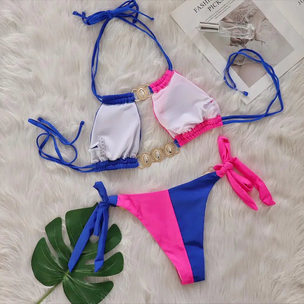 Splicing Jewelled Diamond Bikini Women Halter Swimsuit female Thong Swimwear Two Pieces Bikini Set Hollow out Bathing Suit Swim