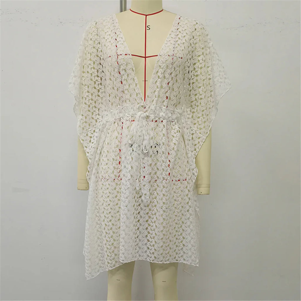2025 V Neck Short Sleeve Hollow Out Knitted Tunic Beach Cover Up Cover-ups Beach Dress Beach Wear Beachwear Female Women K6535