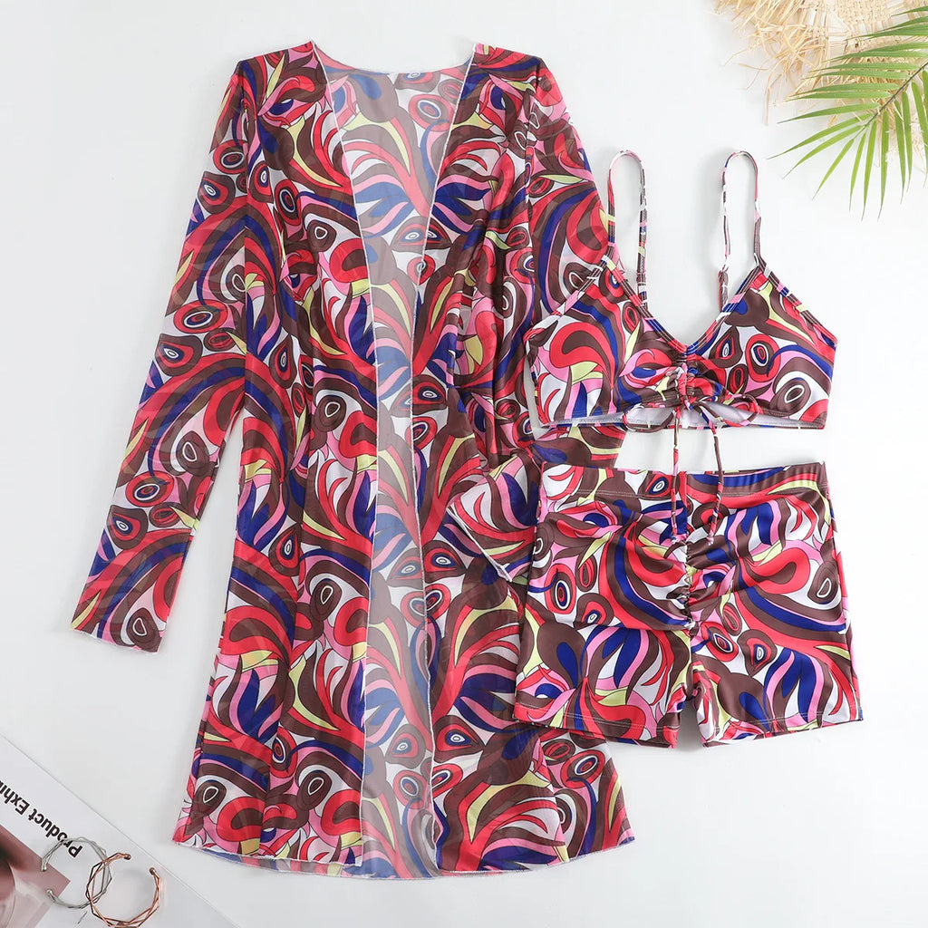 New Sexy 3 Pieces Suit for Women Neck Hanging Bikini Set+Cover-up Swimwear Sunproof Tankini High Waist Shorts Swimsuit Beachwear