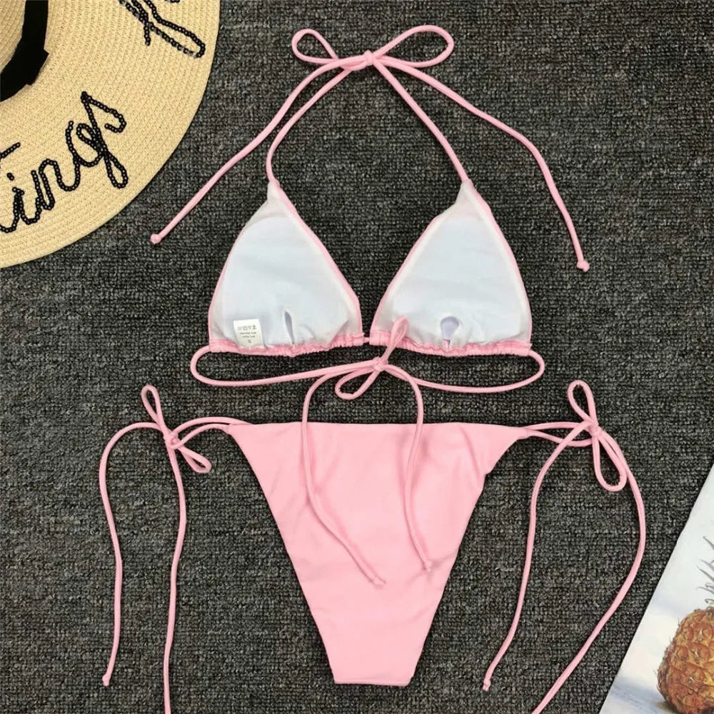 New Sexy Neon Pink Brazilian Bikini Women Swimwear Halter Swimsuit Female Two-Pieces Bikini Set Bather Bathing Suit Swim V1312
