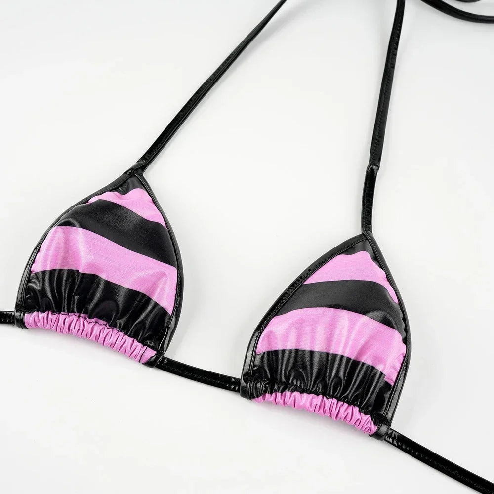Summer PU Leather Micro Bra Bikini Set Swimsuit Stripes Bright Anime Swimwear Women Erotic Underwear Sexy Lingerie Costume