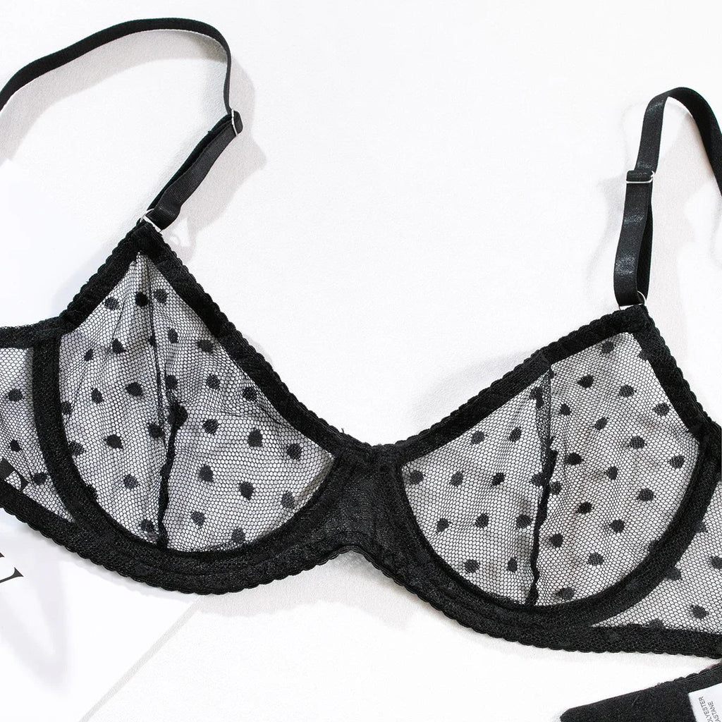 Black Ultra Thin See Through Mesh Sheer Bra and Thong Set Women Push Up Transparent Polka Dot Underwear Lingerie Set