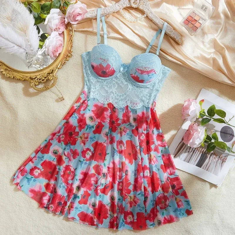 Sexy Nightgown Woman Print Floral Romantic Lingeries Attractive Sleepwear Summer Pajamas Intimate Babydoll New Dresses