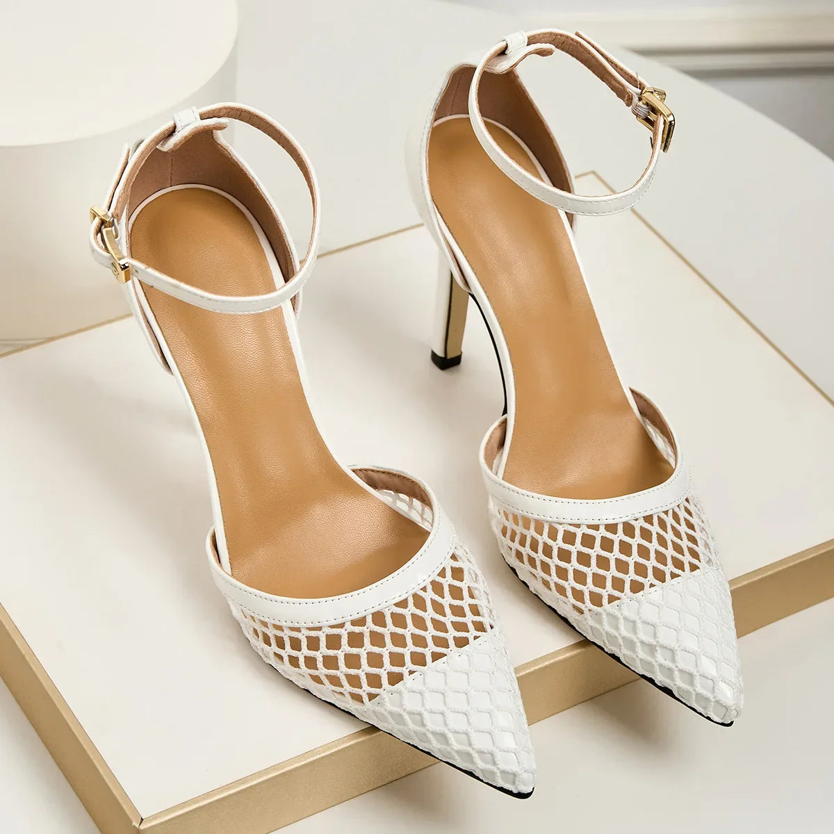 2026 Summer New Style - Three-color Mesh Open Toe Business Shoes with Round Tops, Small Inner Cuts, Thin High Heels